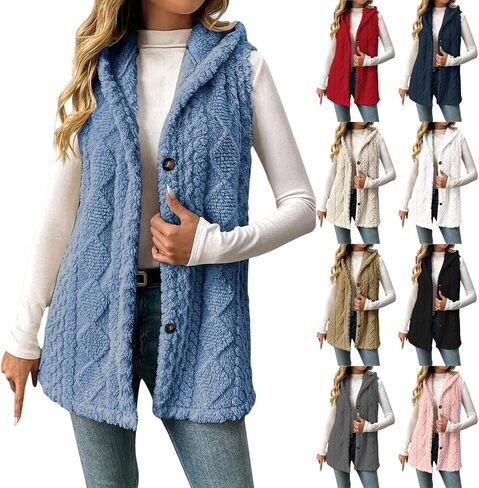 Womens Winter Coats Sleeveless Sherpa Jacket Long Button Down Fleece Hooded Jackets Fuzzy Sweater Vests Coat in Saudi Arabia