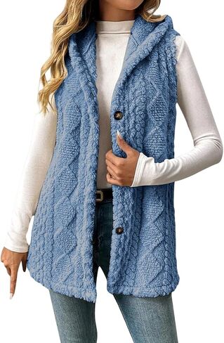 Womens Winter Coats Sleeveless Sherpa Jacket Long Button Down Fleece Hooded Jackets Fuzzy Sweater Vests Coat in Saudi Arabia