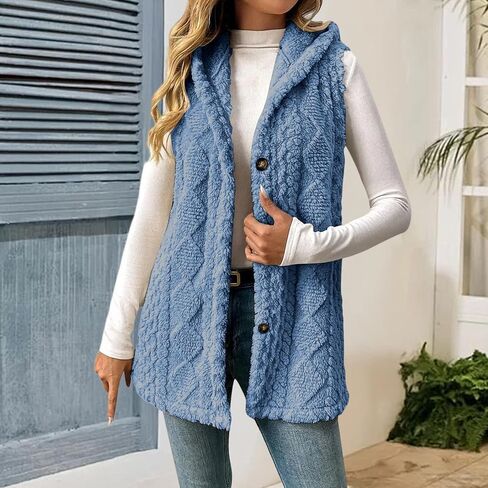 Womens Winter Coats Sleeveless Sherpa Jacket Long Button Down Fleece Hooded Jackets Fuzzy Sweater Vests Coat in Saudi Arabia