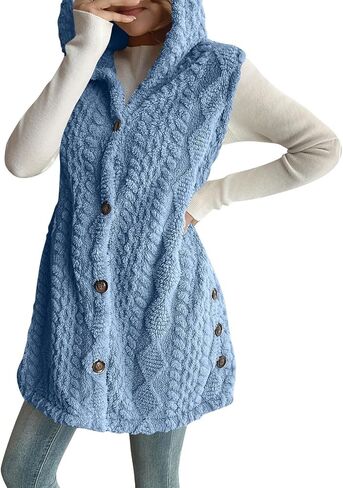 Womens Winter Coats Sleeveless Sherpa Jacket Long Button Down Fleece Hooded Jackets Fuzzy Sweater Vests Coat in Saudi Arabia