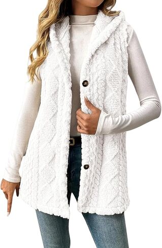Womens Winter Coats Sleeveless Sherpa Jacket Long Button Down Fleece Hooded Jackets Fuzzy Sweater Vests Coat in Saudi Arabia