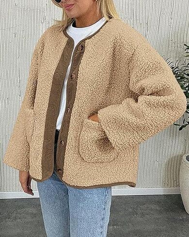 ZAFUL Women's Faux Fur Sweatshirt Long Sleeve Button Down Pockets Winter Coat Fleece Sherpa Jackets Outerwear in Saudi Arabia