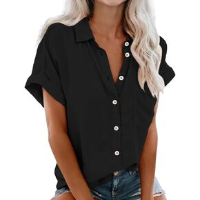 Womens Short Sleeve Button Down Shirts, V Neck Collared Causal Shirt Tops with Pocket, Summer Blouse Solid Loose Tops in Saudi Arabia