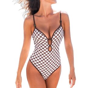 CUPSHE Women's One Piece Swimsuit Plunging V Neck Keyhole Bathing Suit Cutout Adjustable Straps Spaghetti Color Block in Saudi Arabia