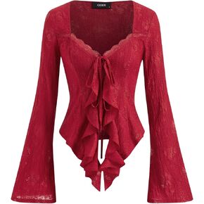 CIDER Womens Going Out Tops Lace Bell Long Sleeve Square Neck Ruffle Tie Front Tops in Kuwait
