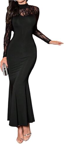 GORGLITTER Women's Lace Fishtail Bodycon Maxi Dress Elegant Classy Fall Long Sleeve Mock Neck Cocktail Patchwork Dress in Saudi Arabia