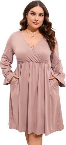 ShopWonder Plus Size Dress Women's V Neck A-Line Knee Length Wrap Swing Dresses Plus Size A Line Party Mini Dress in Saudi Arabia