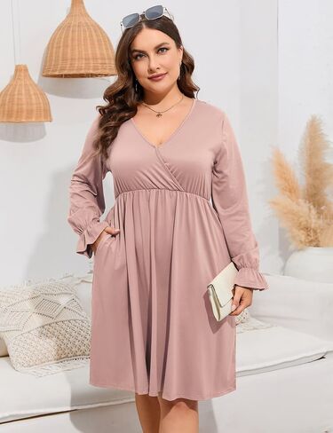 ShopWonder Plus Size Dress Women's V Neck A-Line Knee Length Wrap Swing Dresses Plus Size A Line Party Mini Dress in Saudi Arabia