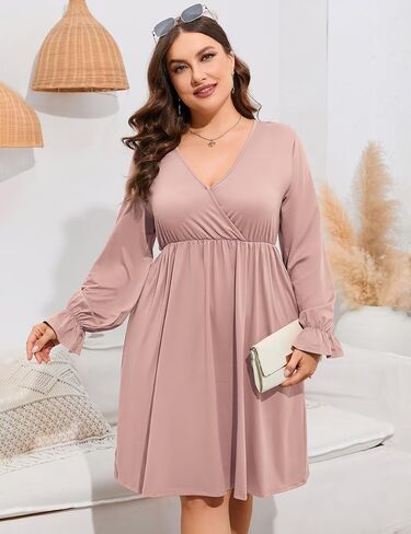 ShopWonder Plus Size Dress Women's V Neck A-Line Knee Length Wrap Swing Dresses Plus Size A Line Party Mini Dress in Saudi Arabia