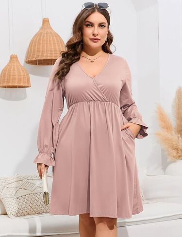 ShopWonder Plus Size Dress Women's V Neck A-Line Knee Length Wrap Swing Dresses Plus Size A Line Party Mini Dress in Saudi Arabia