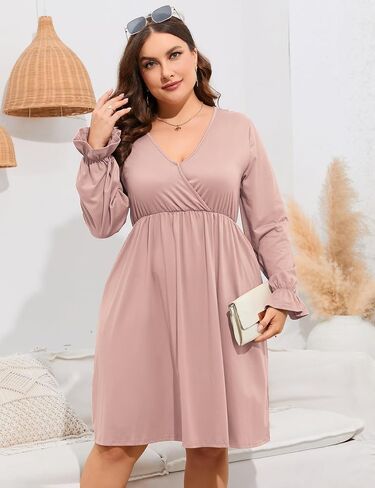 ShopWonder Plus Size Dress Women's V Neck A-Line Knee Length Wrap Swing Dresses Plus Size A Line Party Mini Dress in Saudi Arabia