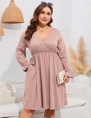 ShopWonder Plus Size Dress Women's V Neck A-Line Knee Length Wrap Swing Dresses Plus Size A Line Party Mini Dress in Saudi Arabia
