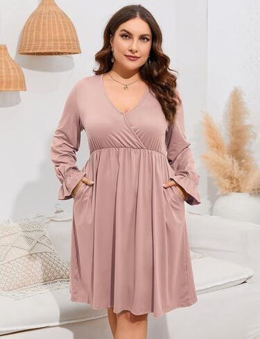 ShopWonder Plus Size Dress Women's V Neck A-Line Knee Length Wrap Swing Dresses Plus Size A Line Party Mini Dress in Saudi Arabia