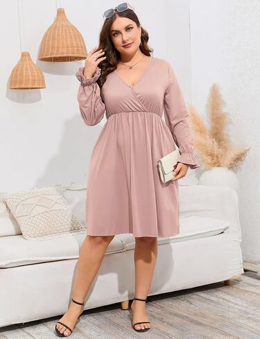 ShopWonder Plus Size Dress Women's V Neck A-Line Knee Length Wrap Swing Dresses Plus Size A Line Party Mini Dress in Saudi Arabia