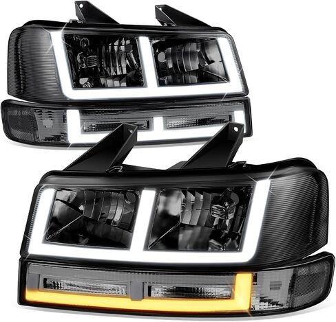 Auto Dynasty Headlights and Bumper Lamps Compatible with 03-24 Chevy Express GMC Savana 1500-4500, with Switchback E-LED DRL Running lights, Driver and Passenger Side, Smoked Lens Clear Corner in Saudi Arabia