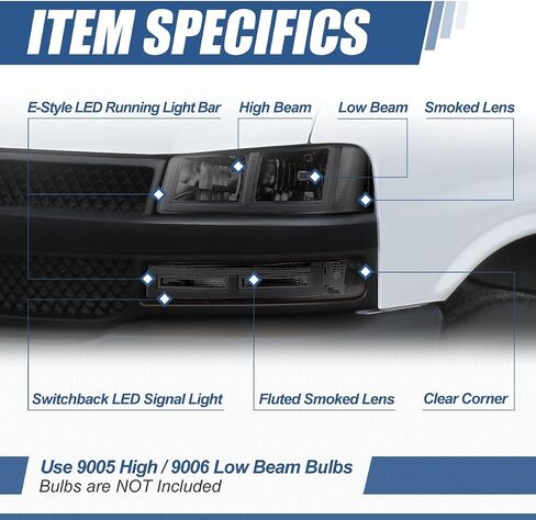Auto Dynasty Headlights and Bumper Lamps Compatible with 03-24 Chevy Express GMC Savana 1500-4500, with Switchback E-LED DRL Running lights, Driver and Passenger Side, Smoked Lens Clear Corner in Saudi Arabia