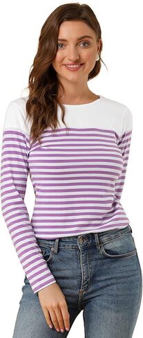 Allegra K Women's Striped Top Long Sleeve Crew Neck Tops Casual T Shirt Large White Purple in Saudi Arabia