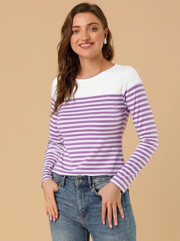 Allegra K Women's Striped Top Long Sleeve Crew Neck Tops Casual T Shirt Large White Purple in Saudi Arabia