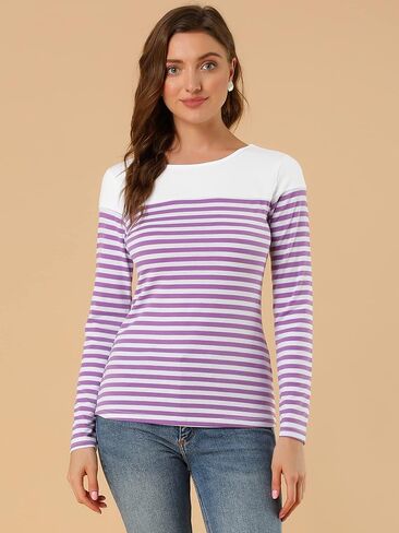 Allegra K Women's Striped Top Long Sleeve Crew Neck Tops Casual T Shirt Large White Purple in Saudi Arabia
