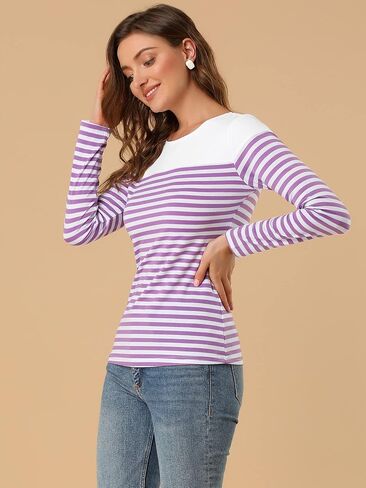 Allegra K Women's Striped Top Long Sleeve Crew Neck Tops Casual T Shirt Large White Purple in Saudi Arabia