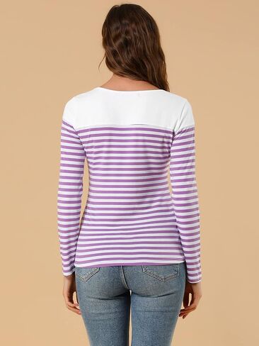 Allegra K Women's Striped Top Long Sleeve Crew Neck Tops Casual T Shirt Large White Purple in Saudi Arabia