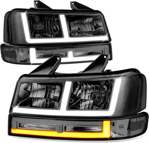 Auto Dynasty Headlights and Bumper Lamps Compatible with 03-24 Chevy Express GMC Savana 1500-4500, with Switchback E-LED DRL Running lights, Driver and Passenger Side, Smoked Lens Clear Corner in Saudi Arabia