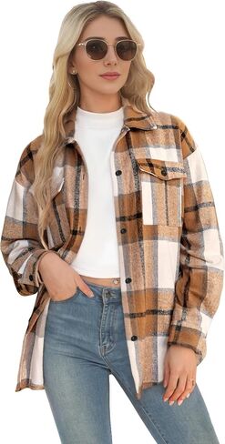 Lunira Button Down Shirts for Women Flannel Shirt Long Sleeve Plaid Shacket Fall Winter Blouse Casual Jacket with Side Pocket in Saudi Arabia