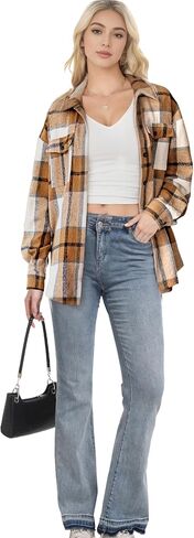 Lunira Button Down Shirts for Women Flannel Shirt Long Sleeve Plaid Shacket Fall Winter Blouse Casual Jacket with Side Pocket in Saudi Arabia
