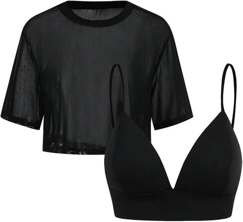SweatyRocks Women's Sexy Short Sleeve Mesh Crop Top Coverup with V Neck Camisole 2 Pieces Outfits in Saudi Arabia