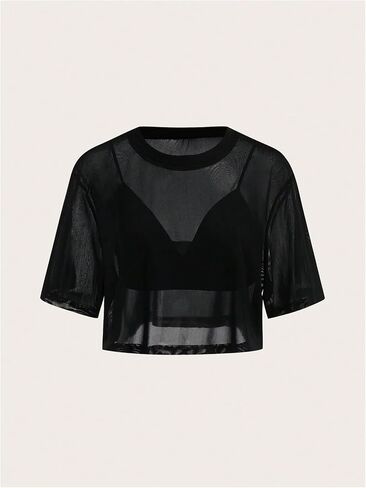 SweatyRocks Women's Sexy Short Sleeve Mesh Crop Top Coverup with V Neck Camisole 2 Pieces Outfits in Saudi Arabia