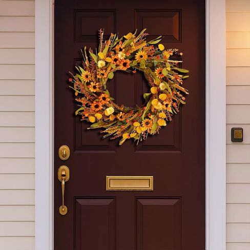 Artificial Fall Wreath 18 Inch Front Door Wreath Sunflowers Wheat Grass Eucalyptus Berries for Indoor Outdoor Wall Window Farmhouse Rustic Autumn Harvest Thanksgiving Party Home Decor in Saudi Arabia
