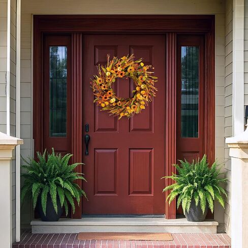 Artificial Fall Wreath 18 Inch Front Door Wreath Sunflowers Wheat Grass Eucalyptus Berries for Indoor Outdoor Wall Window Farmhouse Rustic Autumn Harvest Thanksgiving Party Home Decor in Saudi Arabia