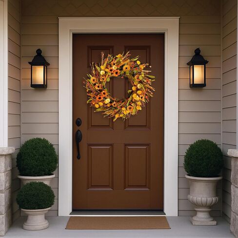 Artificial Fall Wreath 18 Inch Front Door Wreath Sunflowers Wheat Grass Eucalyptus Berries for Indoor Outdoor Wall Window Farmhouse Rustic Autumn Harvest Thanksgiving Party Home Decor in Saudi Arabia