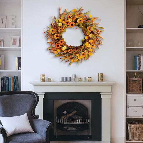 Artificial Fall Wreath 18 Inch Front Door Wreath Sunflowers Wheat Grass Eucalyptus Berries for Indoor Outdoor Wall Window Farmhouse Rustic Autumn Harvest Thanksgiving Party Home Decor in Saudi Arabia