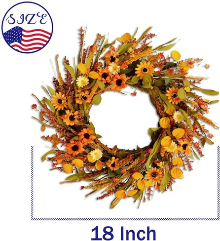 Artificial Fall Wreath 18 Inch Front Door Wreath Sunflowers Wheat Grass Eucalyptus Berries for Indoor Outdoor Wall Window Farmhouse Rustic Autumn Harvest Thanksgiving Party Home Decor in Saudi Arabia