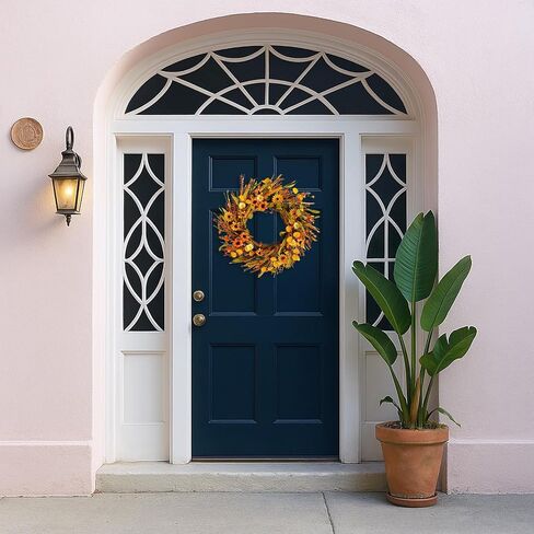 Artificial Fall Wreath 18 Inch Front Door Wreath Sunflowers Wheat Grass Eucalyptus Berries for Indoor Outdoor Wall Window Farmhouse Rustic Autumn Harvest Thanksgiving Party Home Decor in Saudi Arabia