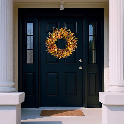 Artificial Fall Wreath 18 Inch Front Door Wreath Sunflowers Wheat Grass Eucalyptus Berries for Indoor Outdoor Wall Window Farmhouse Rustic Autumn Harvest Thanksgiving Party Home Decor in Saudi Arabia