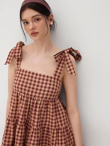 CIDER Mini Dress Gingham Check Bowknot Ruffle Tiered High Waist Sleeveless Dresses Ladies Casual Vacation Dress in Saudi Arabia