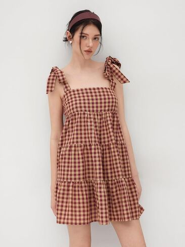 CIDER Mini Dress Gingham Check Bowknot Ruffle Tiered High Waist Sleeveless Dresses Ladies Casual Vacation Dress in Saudi Arabia