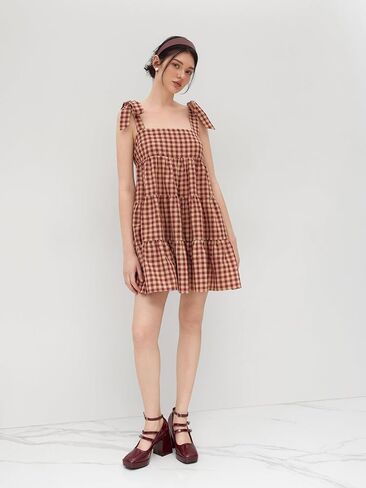 CIDER Mini Dress Gingham Check Bowknot Ruffle Tiered High Waist Sleeveless Dresses Ladies Casual Vacation Dress in Saudi Arabia