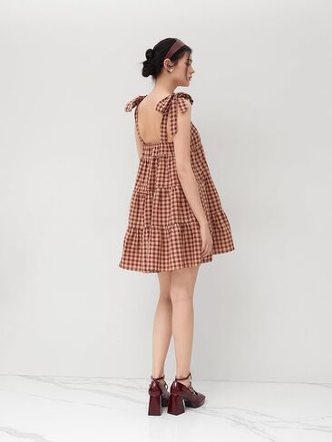 CIDER Mini Dress Gingham Check Bowknot Ruffle Tiered High Waist Sleeveless Dresses Ladies Casual Vacation Dress in Saudi Arabia