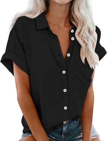 Womens Short Sleeve Button Down Shirts, V Neck Collared Causal Shirt Tops with Pocket, Summer Blouse Solid Loose Tops in Saudi Arabia