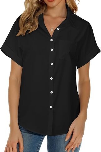 Womens Short Sleeve Button Down Shirts, V Neck Collared Causal Shirt Tops with Pocket, Summer Blouse Solid Loose Tops in Saudi Arabia