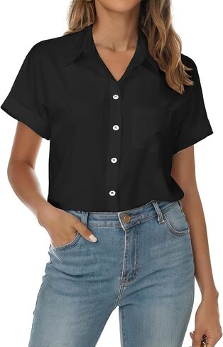 Womens Short Sleeve Button Down Shirts, V Neck Collared Causal Shirt Tops with Pocket, Summer Blouse Solid Loose Tops in Saudi Arabia