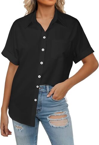 Womens Short Sleeve Button Down Shirts, V Neck Collared Causal Shirt Tops with Pocket, Summer Blouse Solid Loose Tops in Saudi Arabia