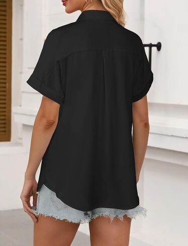 Womens Short Sleeve Button Down Shirts, V Neck Collared Causal Shirt Tops with Pocket, Summer Blouse Solid Loose Tops in Saudi Arabia