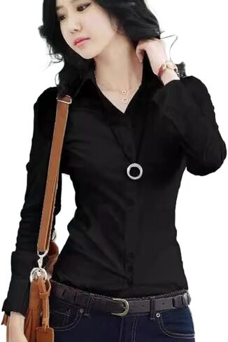 Women's Classic Button Down Shirt with Pockets, Long Sleeve Collared Blouse in Saudi Arabia
