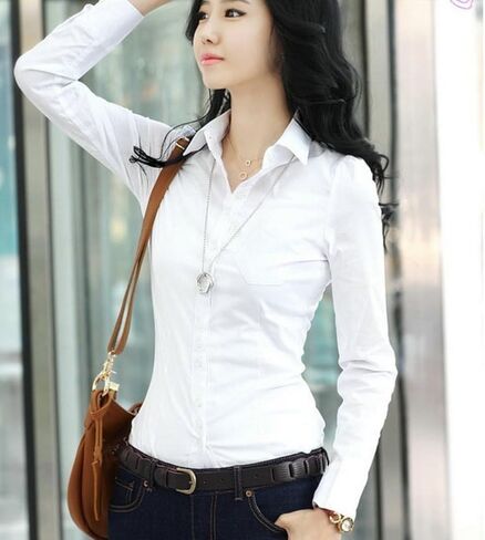 Women's Classic Button Down Shirt with Pockets, Long Sleeve Collared Blouse in Saudi Arabia