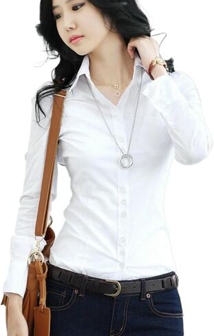 Women's Classic Button Down Shirt with Pockets, Long Sleeve Collared Blouse in Saudi Arabia
