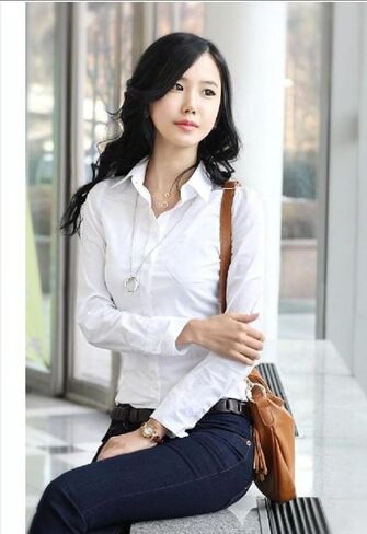 Women's Classic Button Down Shirt with Pockets, Long Sleeve Collared Blouse in Saudi Arabia
